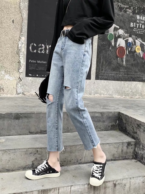 Quần slim baggy jeans rách xẻ ver.2 ulzzang kèm ảnh thật