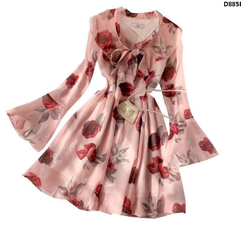 Đầm Tay Loe Phối Bèo Họa Tiết Hoa Hồng Xinh Xắn Ngọt Ngào Cho Nữ | BigBuy360 - bigbuy360.vn