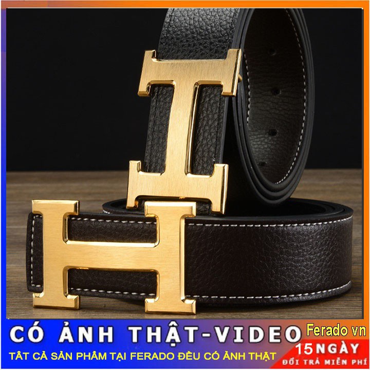 Dây thắt lưng nam chữ H mặt vàng mặt trắng dây da đen