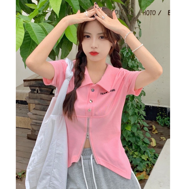 Áo Thun Tay Ngắn Thiết Kế Khóa Kéo Màu Trơn Thiết Kế Mới Thoáng Khí Cho Nữ