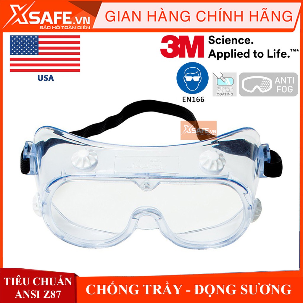 Kính bảo hộ chống hóa chất 3M 334AF Mắt kính chống tia UV, chống khói bụi, trầy xước, bảo vệ mắt, đeo được kính cận