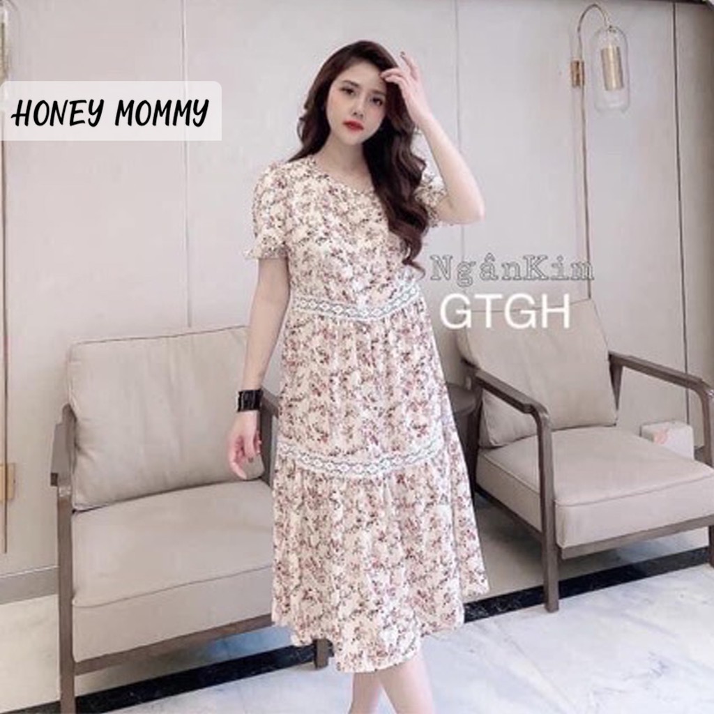 Váy Bầu Hoa Nhí Cổ Tròn Phối Ren Đầm Bầu Mùa Hè Ngắn Tay Thiết Kế Đi Chơi Công Sở HD2920 Honey Mommy