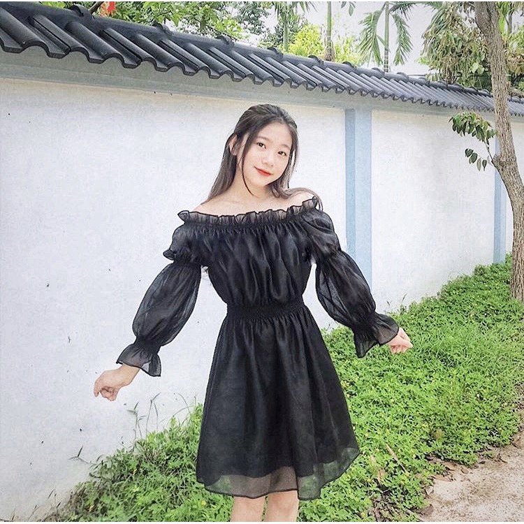 Đầm nhún eo trễ vai tơ gân 2 màu đen trắng- Wali Dress - dáng xòe xinh xắn - Freesize - Pink moon store | WebRaoVat - webraovat.net.vn