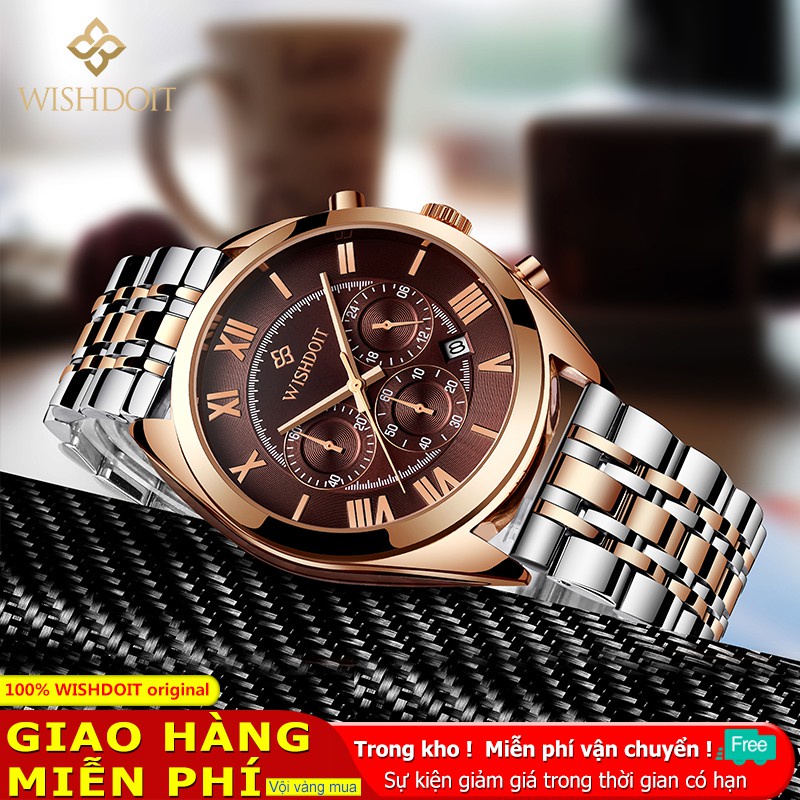 Đồng hồ WISHDOIT máy thạch anh đa năng thiết kế 3 mặt kim phong cách thể thao chống thấm nước với dây thép không gỉ
