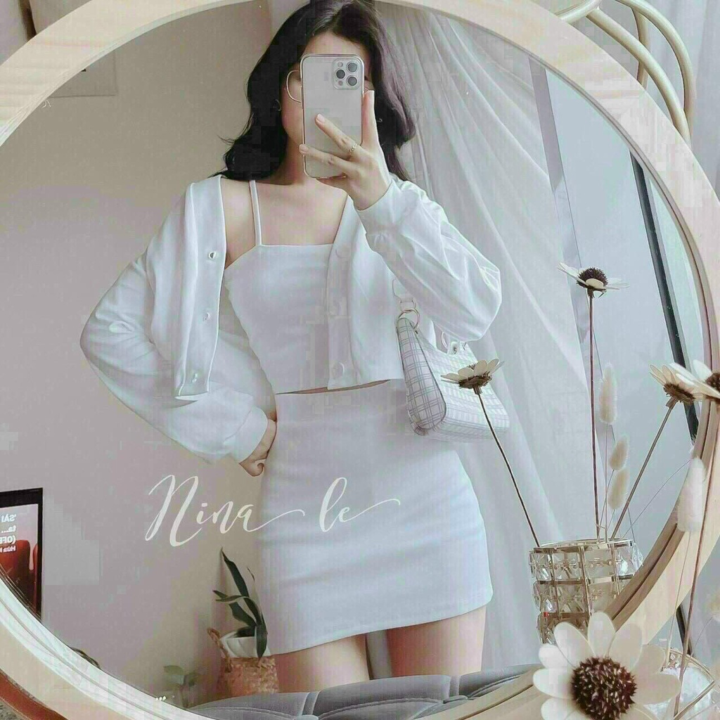 Sét bộ 3 món đi chơi siêu cute gồm 3 món áo trong 2 dây kèm áo khoắc và chân váy xinh xinh fashionzero-75145