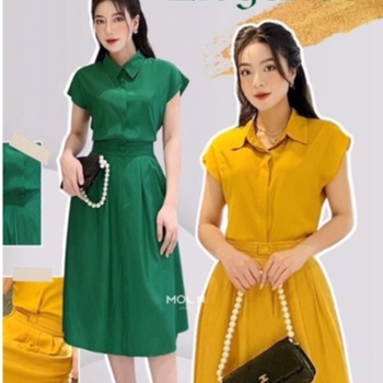 Sét Đầm Tơ áo sơ mi cổ Đức tay ngắn phối chân váy Midi xòe thiết kế cao cấp