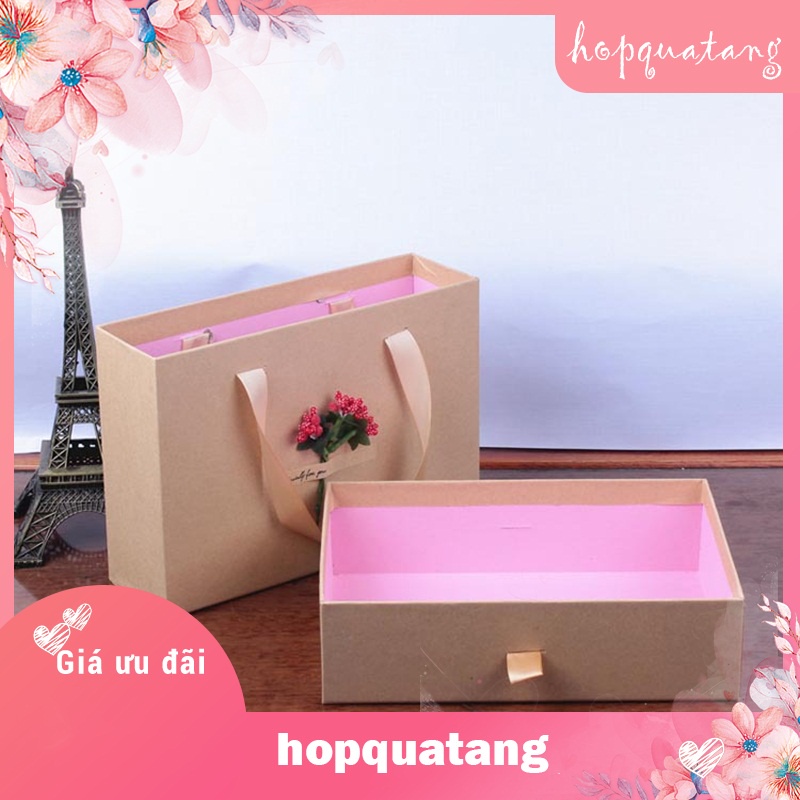Hộp Quà Tặng Kèm Túi Màu Kraft Gắn Hoa Dạng Kéo Cao Cấp