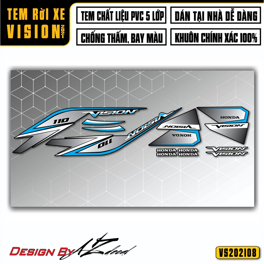 Tem Dán Sườn, Yếm Xe Vision 2015 - 2021 | VS08 | Decal Dán Xe Vision Chống Nước, Bền Màu, Cho Xe Xanh, Đỏ, Đen, Trắng