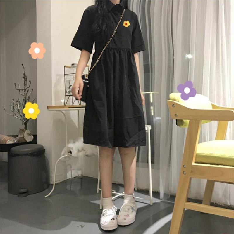 Đầm Tay Ngắn Màu Đen Thêu Họa Tiết Phong Cách Hàn Quốc Thời Trang Mùa Hè Cho Nữ 2021
