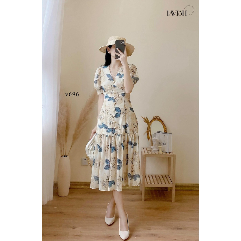 Đầm hoa đuôi cá cúc bọc- đầm thiết kế 2 lớp