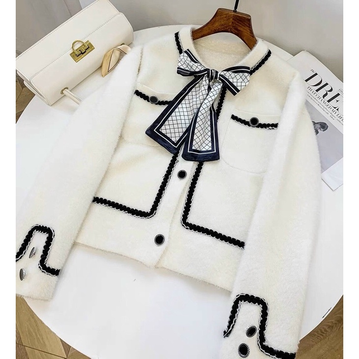Áo khoác cardigan len lông thỏ kèm nơ lụa Timi Store hàng QC(ảnh thật cuối) | BigBuy360 - bigbuy360.vn