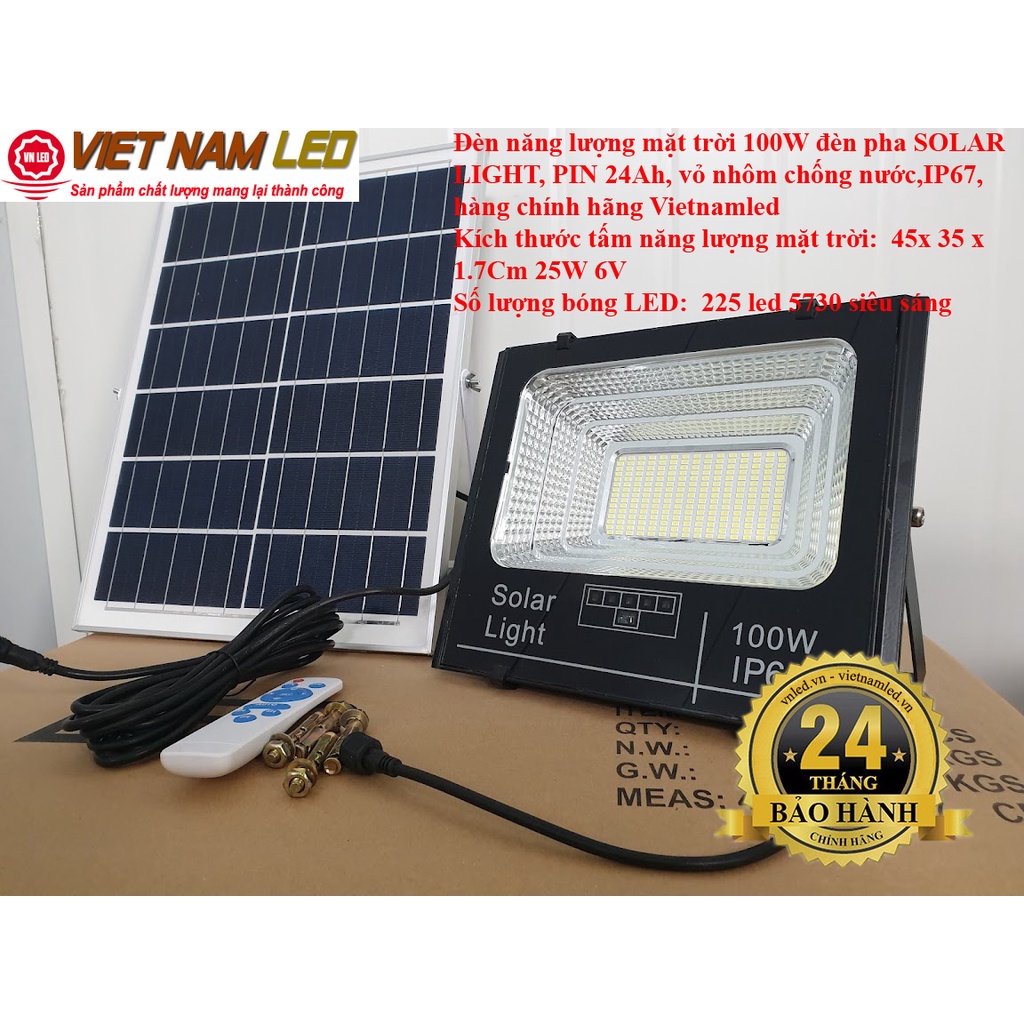ĐÈN LED NĂNG LƯỢNG MẶT TRỜI 100W SOLAR LIGHT PIN 24Ah, CHÍNH HÃNG VIETNAMLED đt 0936395395