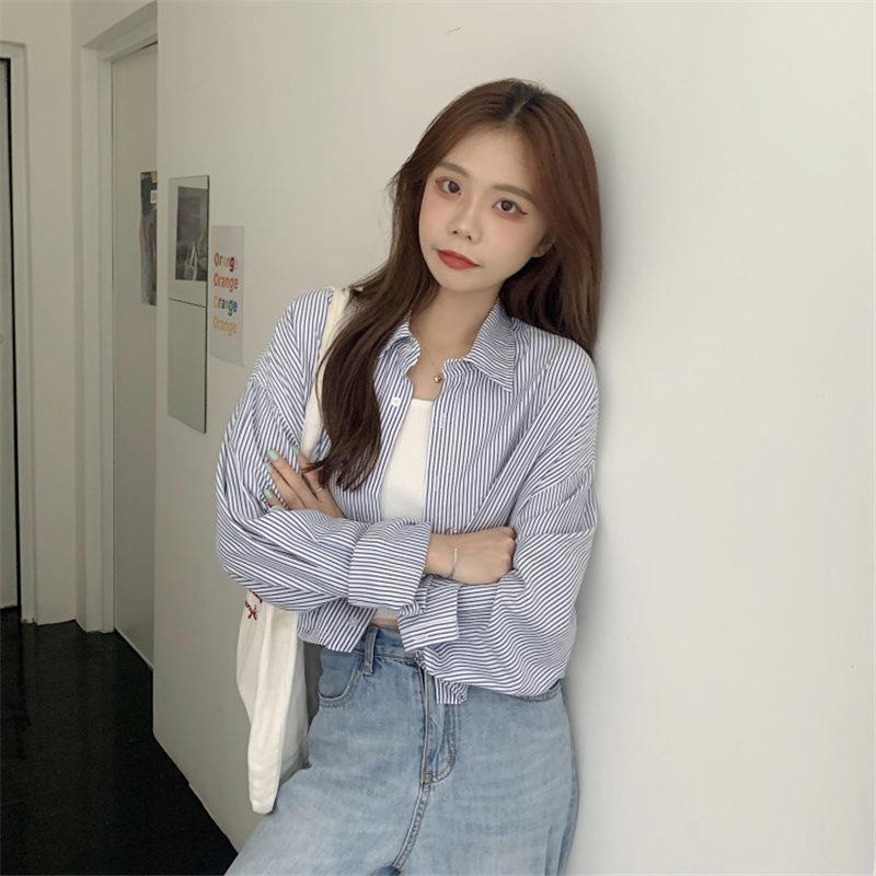 Áo sơ mi lưng cao dáng ngắn thêu họa tiết kẻ sọc dọc thời trang dành cho nữ