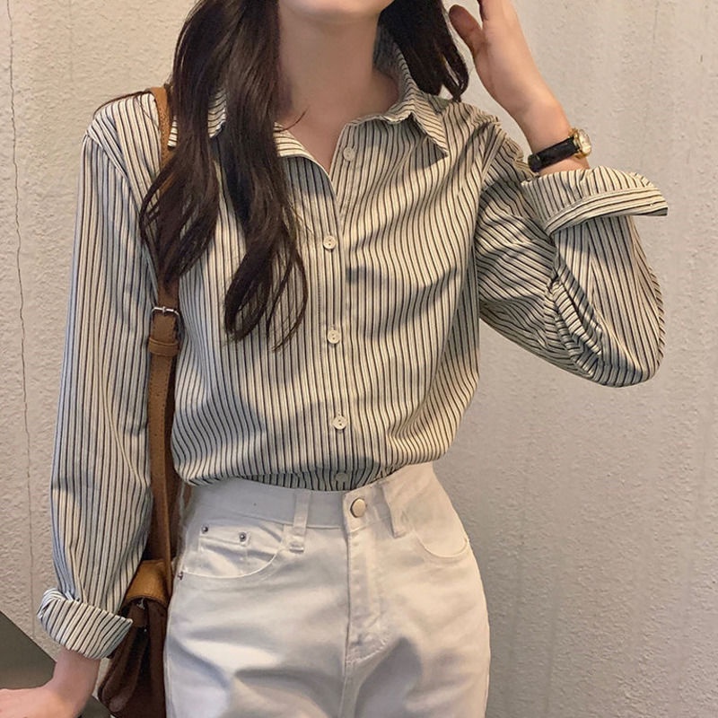 Áo sơ mi dài tay dáng rộng họa tiết sọc giản dị thời trang mùa thu 178325