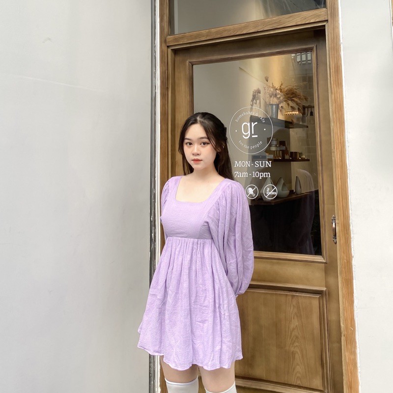 ĐẦM TÍM DÁNG NGẮN XÒE BỒNG TAY DÀI