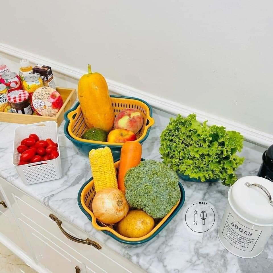 Rổ nhựa 6 món tiện dụng ,Bộ rổ nhựa kèm chậu vuông phối 2 màu xanh vàng  - 1 bộ gồm 3 rổ và 3 chậu