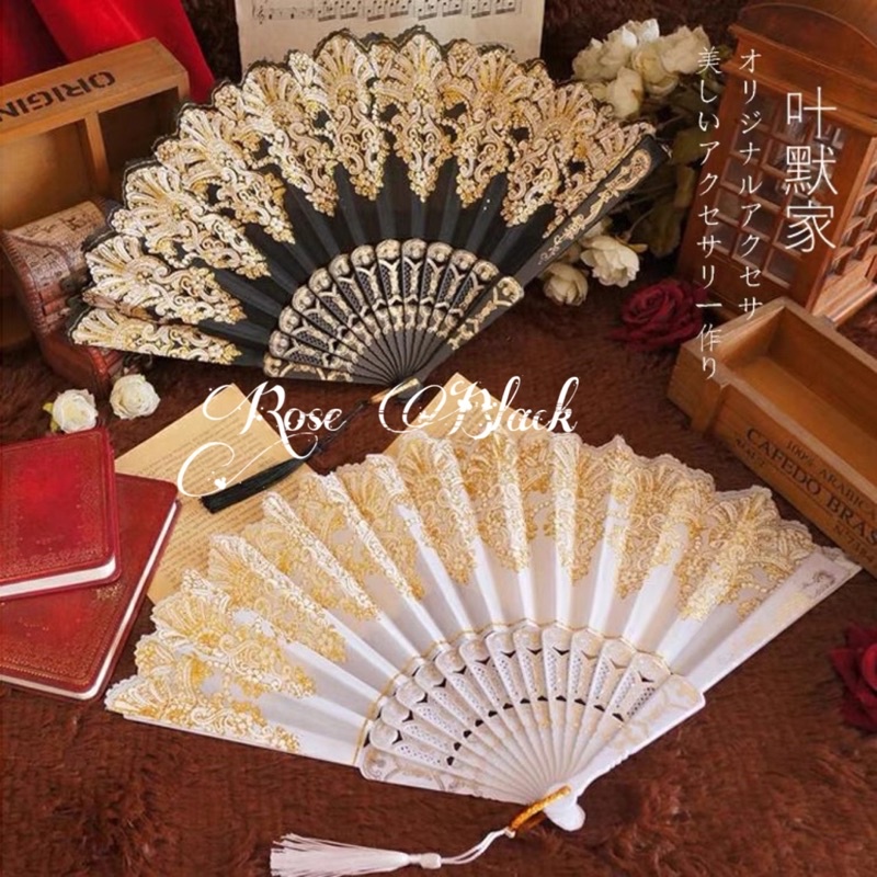 (quạt lông vũ) Quạt cầm tay hoạ tiết nhũ , quạt lolita cosplay cổ trang, gothic, lolita mã EW-885
