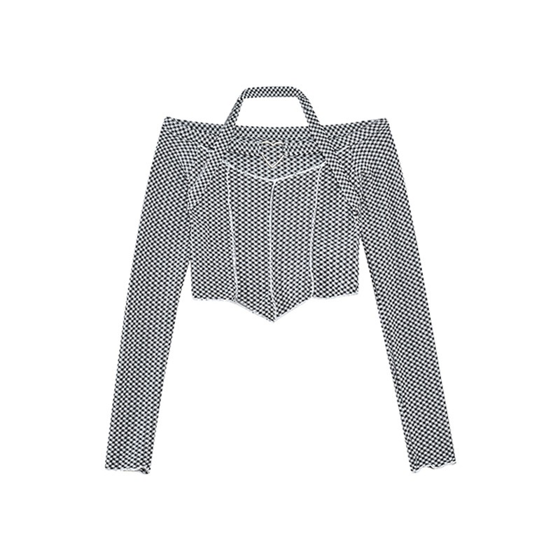 Áo croptop tay dài trễ vai họa tiết kẻ sọc phong cách Hàn Quốc quyến rũ cho nữ
