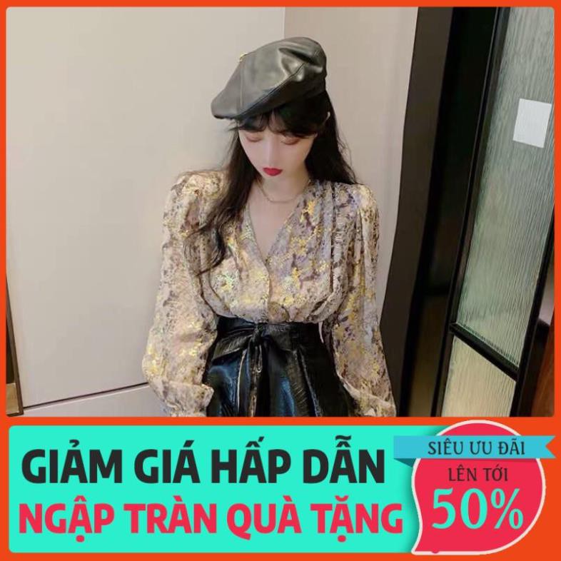 QUẢNG CHÂU ODER CHÍNH HÃNG TẬN GỐC Áo sơmi nữ tay dài hoạ tiết rằn ri rắn lụa mỏng form rộng tay phồng