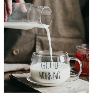 Cốc thủy tinh Good morning chịu nhiệt hình tròn, ly nước thủy tinh decor đẹp, dùng uống trà, cafe đều hợp
