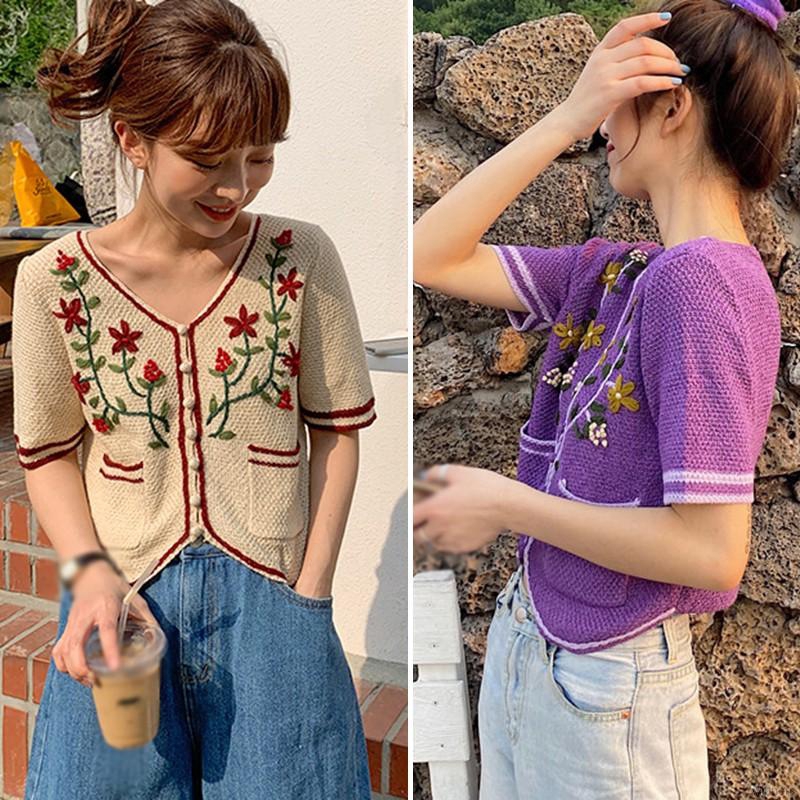 Áo Cardigan Dệt Kim Tay Ngắn Cổ Chữ V Thêu Họa Tiết Vintage Cho Nữ | BigBuy360 - bigbuy360.vn