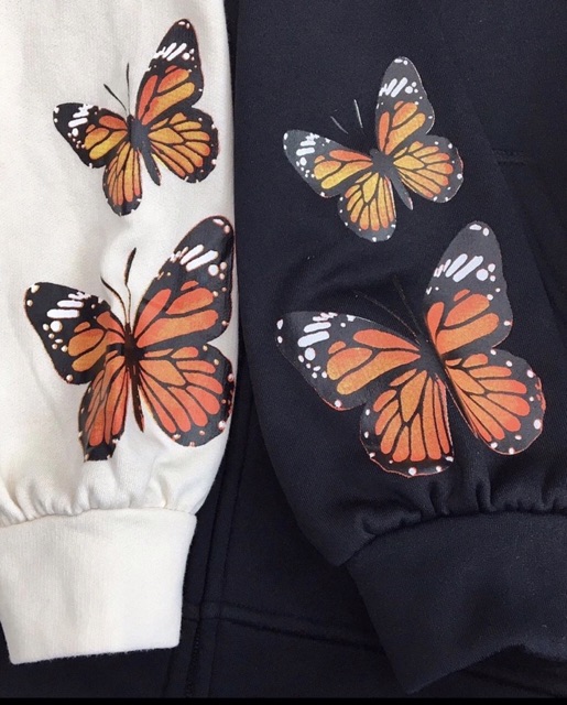 Áo khoác hoodie nỉ mũ khoá in bướm dáng to rộng cánh rơi Hs