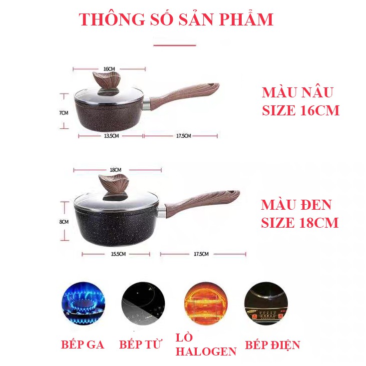 Nồi ăn dặm chống dính đáy từ quấy bột, hấp, nấu cháo - Nồi quấy bột nấu mì chống dính vân đá 16cm,18cm an toàn cho bé