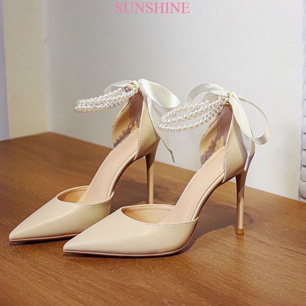 Giày cao gót mũi nhọn, cao gót bít mũi quai ngọc thắt nơ cao cấp Sunshine_Store A012