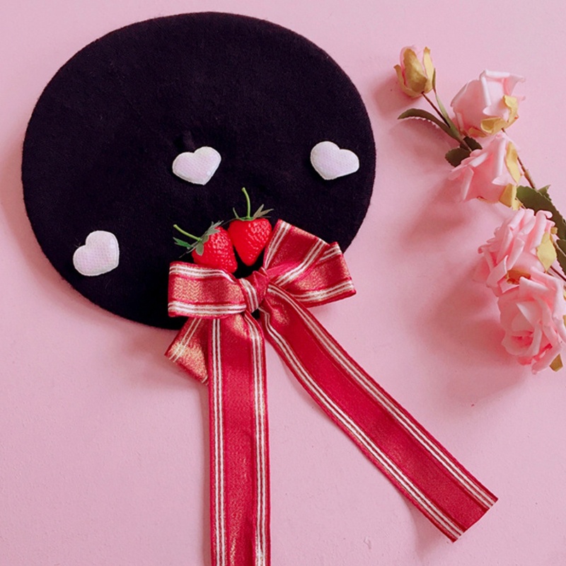 Mũ Beret Họa Tiết Dâu Tây Thắt Nơ Xinh Xắn Thời Trang