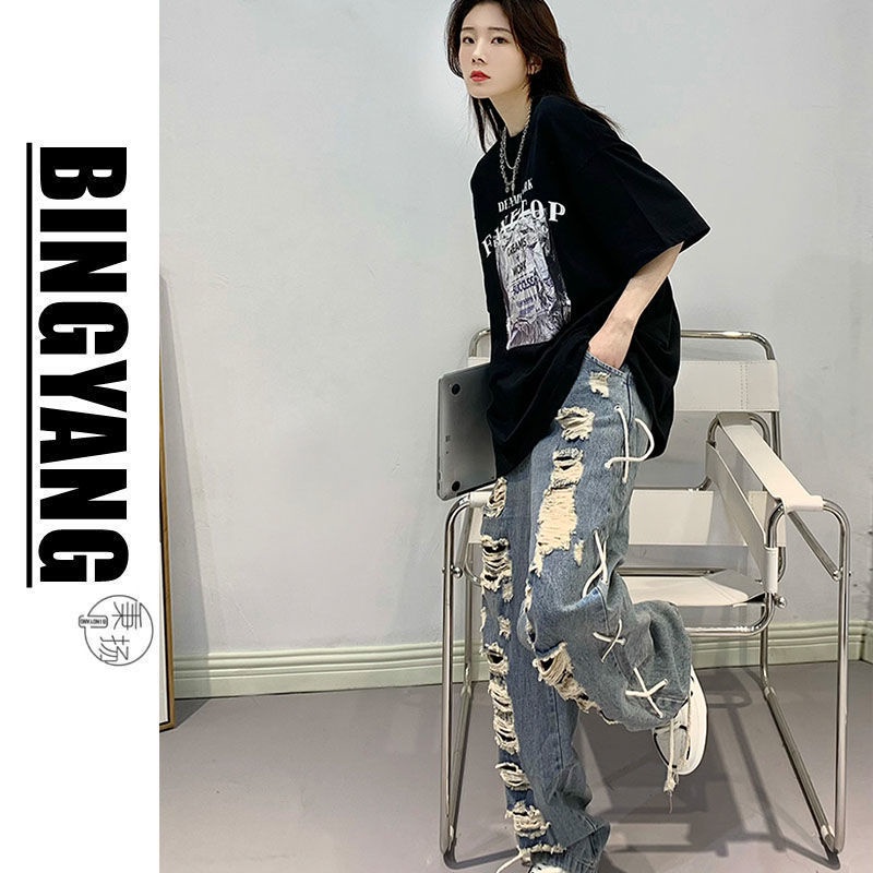 Quần Jean Ống Rộng Dáng Suông Cột Dây Phối Tua Rua Phong Cách Retro Hợp Thời Trang Cho Nam Và Nữ