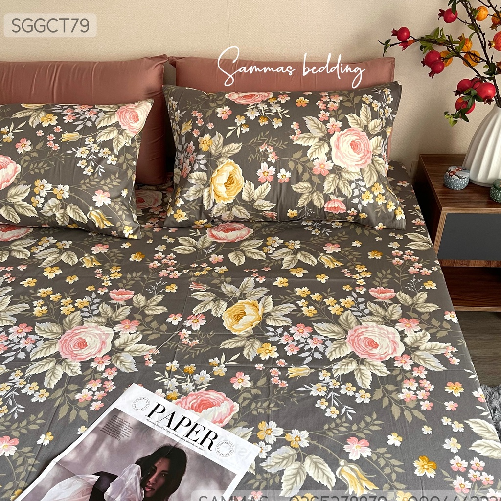 Set Ga Gối 3 Món Cotton 100%, Bộ Drap Giường HOA NÂU Kèm Vỏ Gối Thoáng Mát