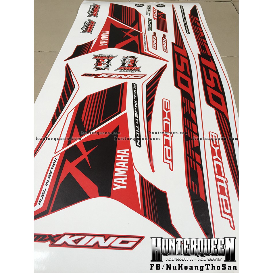 Tem Exciter 150. Tem rời MX King đỏ nhám, sọc đơn giản, dán xe đỏ. Xe màu khác vui lòng inbox