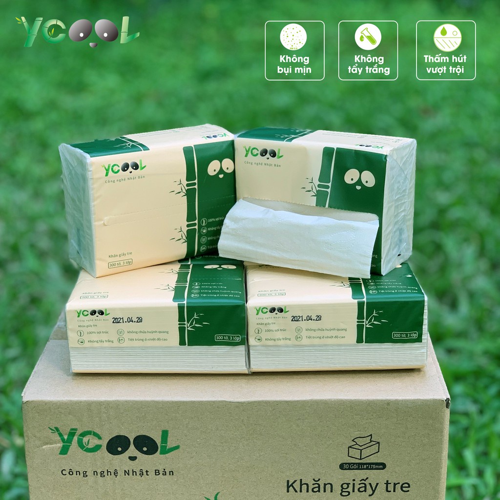 Giấy ăn Gấu Trúc YCOOL thùng 30 gói/300 tờ, giấy rút, khăn giấy tiện lợi loại dày 4 lớp.