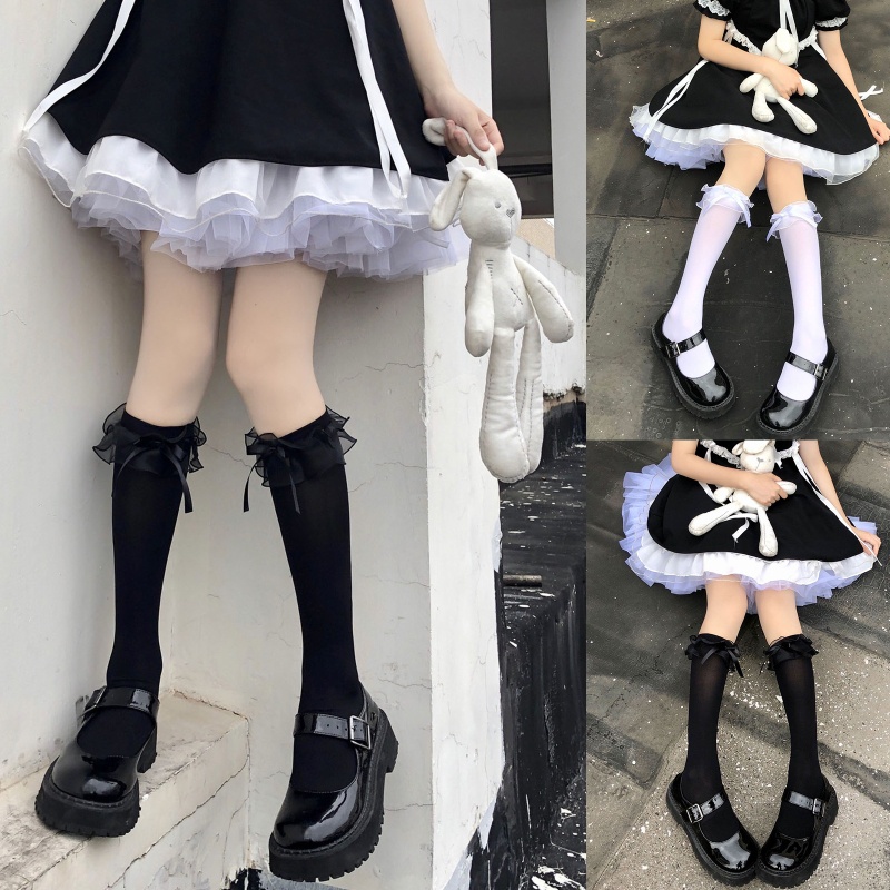 Đôi Vớ Cao Đến Đầu Gối Phối Dây Ruy Băng Ren Nơ Phong Cách Preppy Nhật Bản Lolita Dành Cho Nữ Sinh