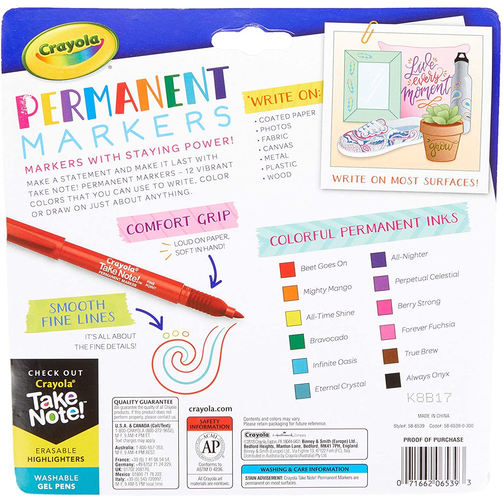 Bộ 12 Bút lông màu Ghi chú Crayola Permanent - 586539