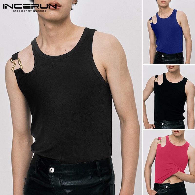 Áo tank top INCERUN màu trơn cổ tròn khoét lỗ không tay giải trí mùa hè cho nam