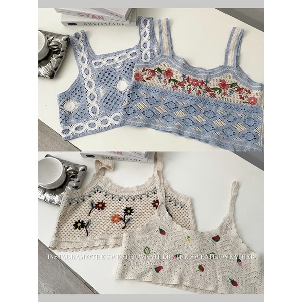 Áo hai dây len móc thêu hình dáng croptop the.sweaterweather TSW