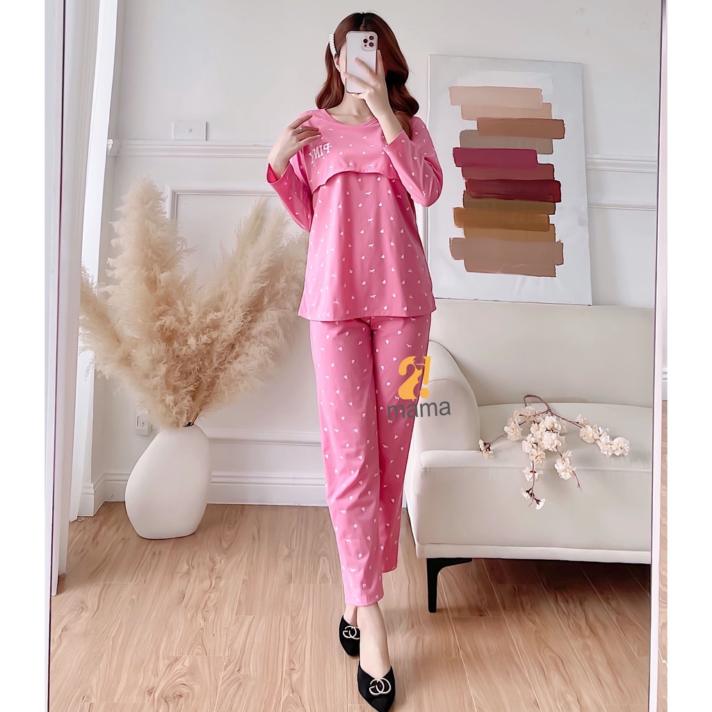 Bộ đồ bầu và sau sinh  2MAMA dài tay pink, chất cotton cao cấp cho mẹ bầu mặc nhà có nắp mở cho con bú V008