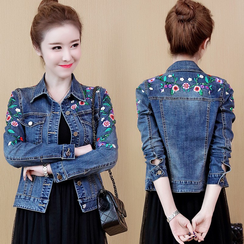 Plus Size Flower Embroidery Denim Jacket For Women Slim Cropped Denim Jacket Fashion Blue Jeans Jacket Woman Casual Long Sleeve Short Jeans Coat