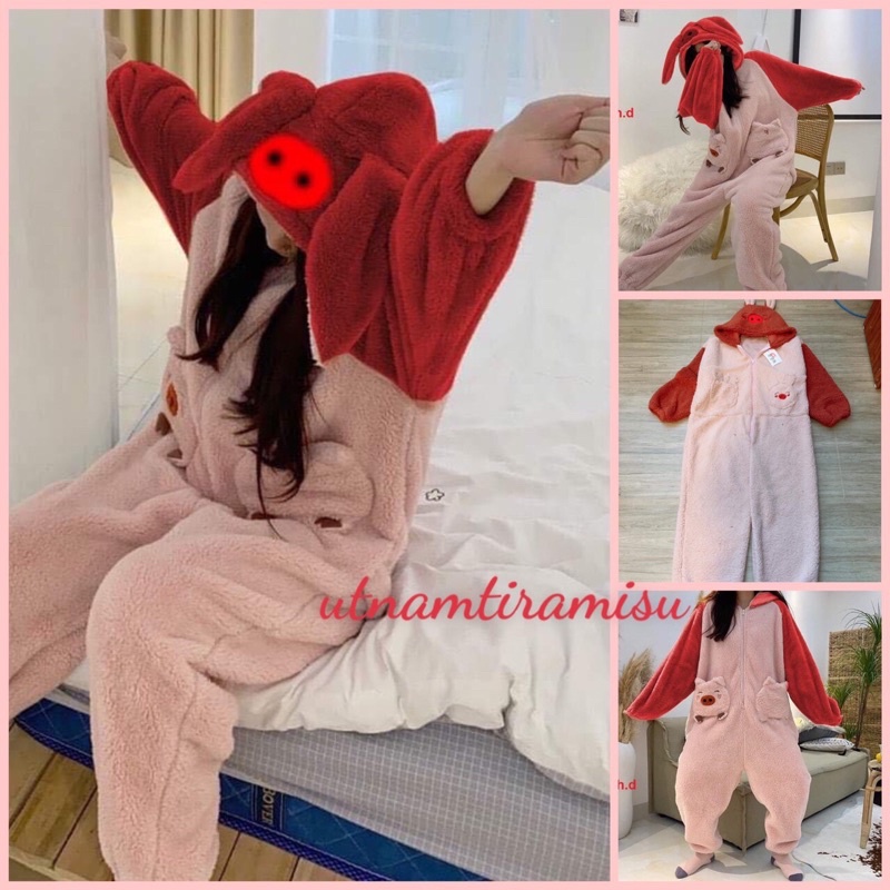 Bộ lông nữ Tai Thỏ Thêu Túi Lợn kuteĐồ ngủ mùa Đông mặc nhà Ullzang phong cách Hàn Quốc☘️Lông cừu giữ nhiệt, dày dặn