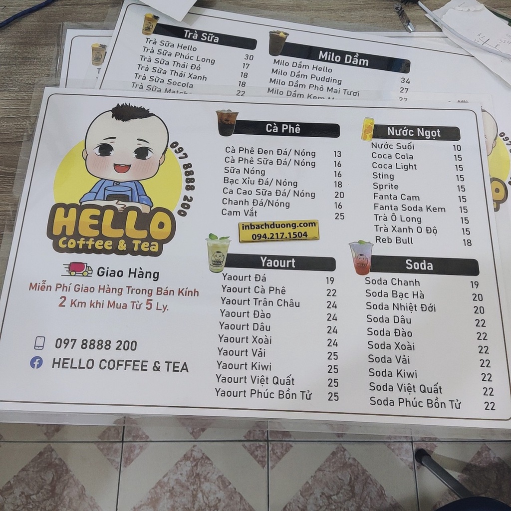 Nhận in Menu quán trà sữa HELLO COFFEE & TEA In Bạch Dương