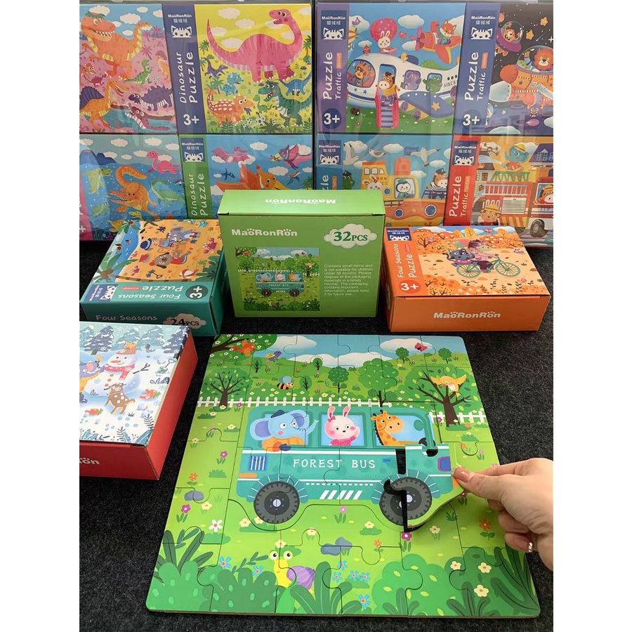 Đồ Chơi Xếp Hình Bằng Gỗ  Puzzle 4 Cấp Độ Từ Dễ Đến Khó 12,16,24,32 Miếng Theo Chủ Đề Cho Bé BEEKIDS