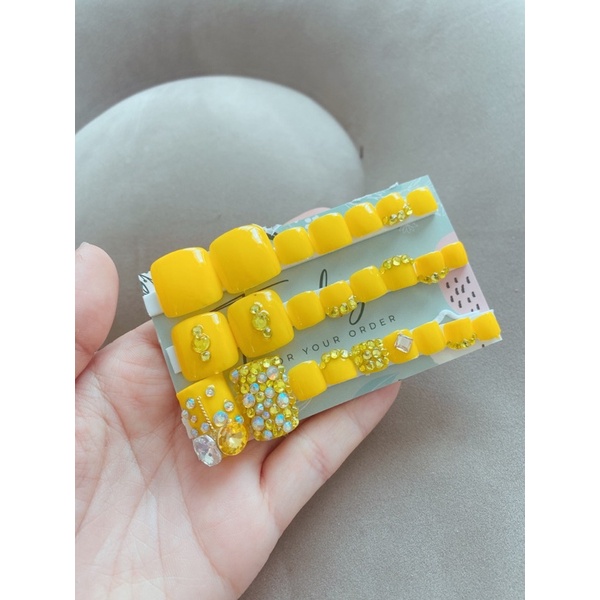 A98 bộ 24 móng chân giả màu vàng đính đá kèm keo dũa