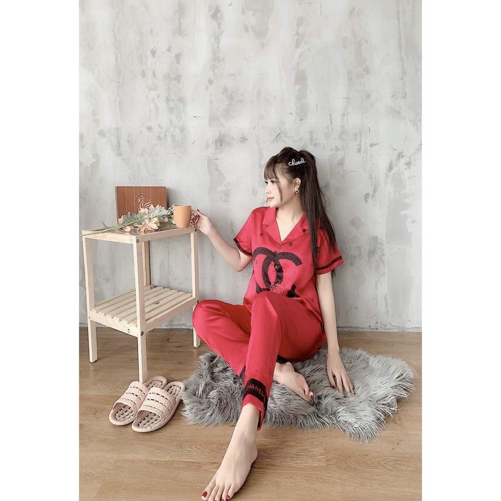 Bộ ngủ lụa in 3D cao cấp tay cộc quần dài
