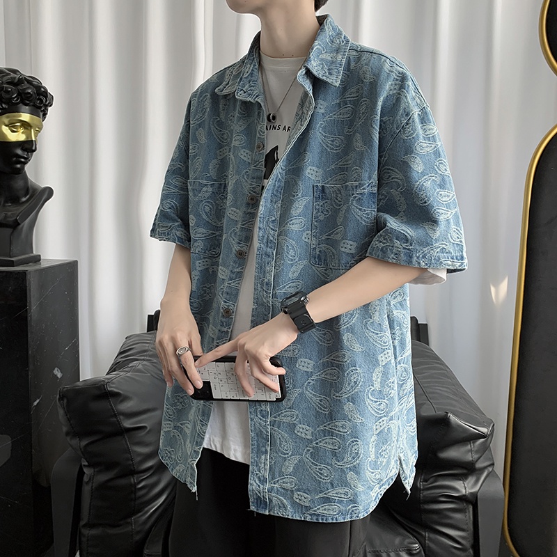 Summer Thin Cashew Flower Denim Shirt Men's Short-Sleeved Port Wind Jacket Loose Korean Version Of The Trend Handsome Da