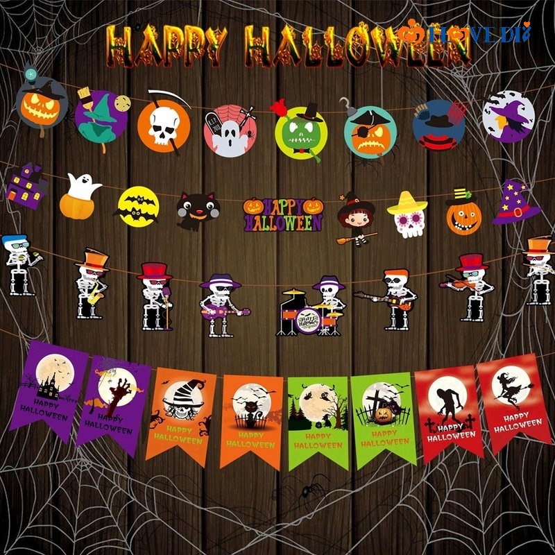 Dây Cờ Treo Trang Trí Halloween Chủ Đề Đầu Lâu Bí Ngô