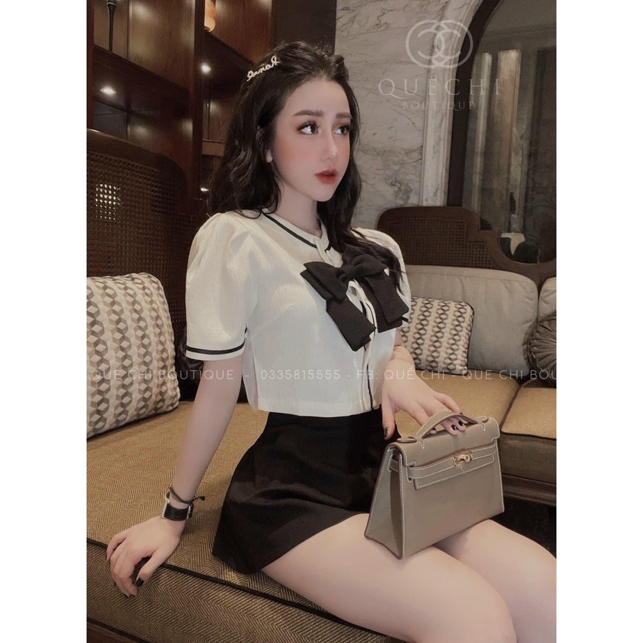 Set áo gấm nơ quần đen croptop đi chơi du lịch