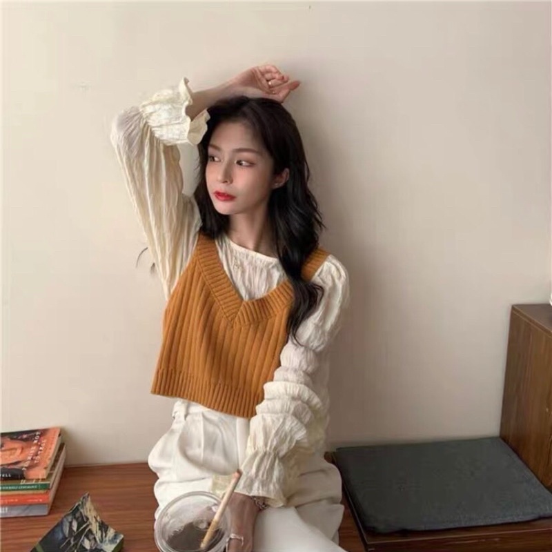 Set áo dây len và sơ mi nhún