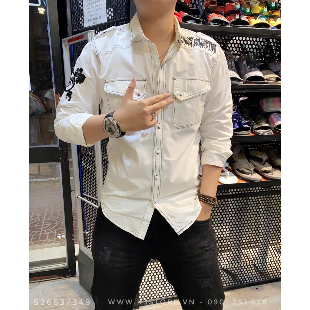 Áo sơ mi nam tay dài trắng thêu túi viền đen logo three cltn vai, chất kaki dày dặn chính hãng K3 STORE S2663