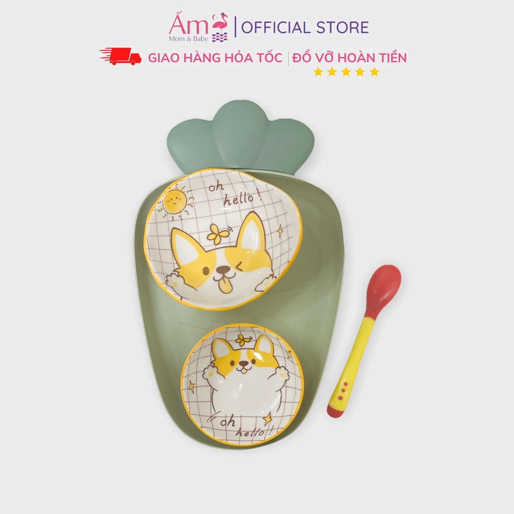 Bộ Bát Ăn Dặm Cho Bé Hình Carot Ấm Baby Gốm Sứ Cao Cấp Kiểu Nhật Ấm Gift Decor